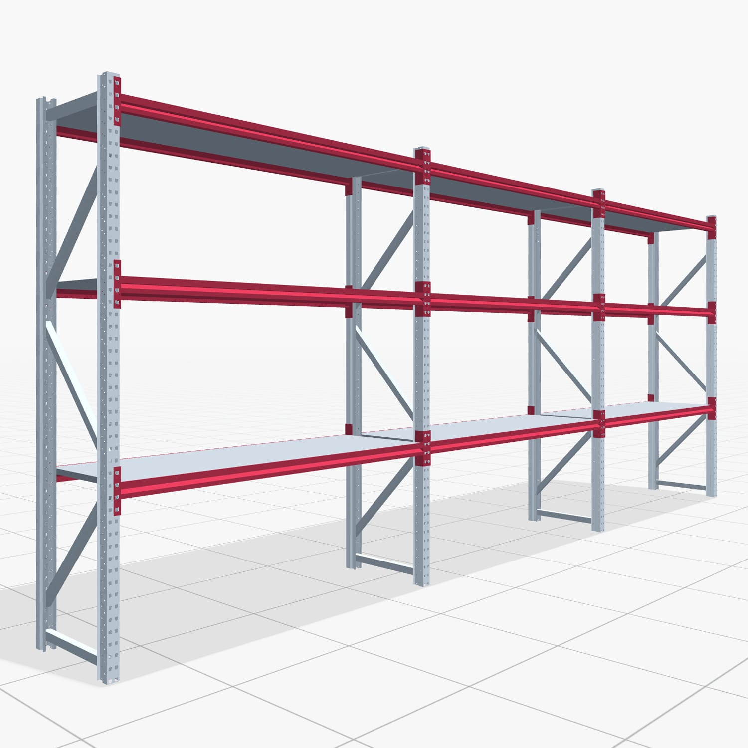 Weitspannregale WSX 5000, H: 2.400 mm, B: 6.233 mm mm, T: 600 mm, Ebenen: 4, Feldbreite: 2.000 mm, Auflage: Stahlboden