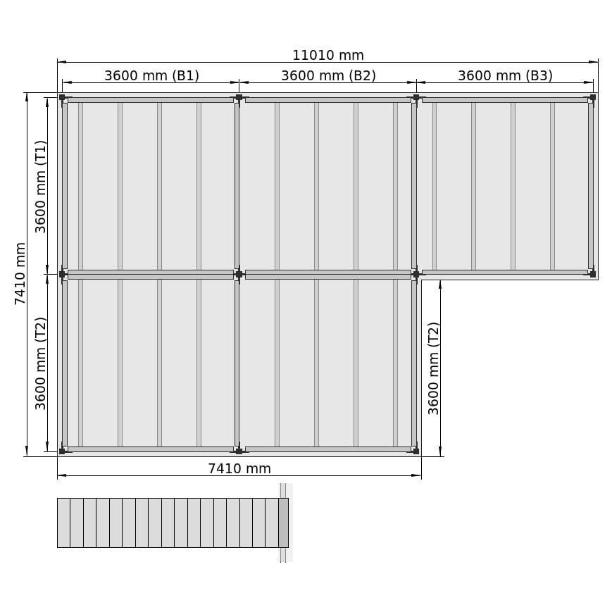 Lagerbühnen LBX 8000 L-Form links, 5 Felder, B: 11.010 mm, T: 7.410 mm mm, Treppe: vorgesetzt, Übergabe: ohne