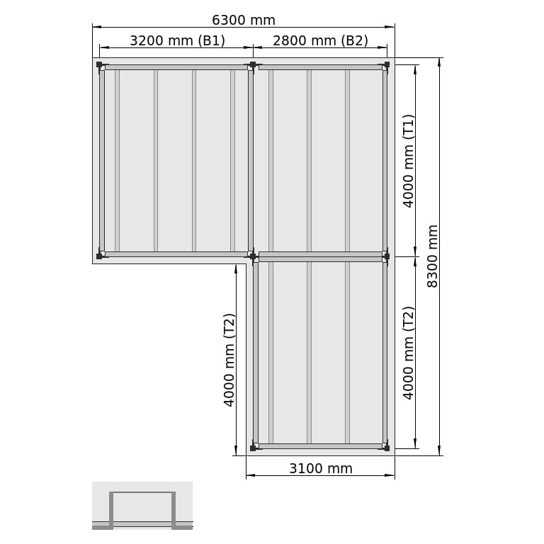 Lagerbühnen LBX 8000 L-Form rechts, 3 Felder, B: 6.300 mm, T: 8.300 mm mm, Treppe: ohne, Übergabe: mitKetteGesichert