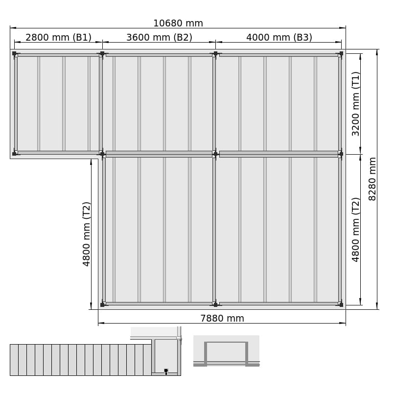 Lagerbühnen LBX 8000 L-Form rechts, 5 Felder, B: 10.680 mm, T: 8.280 mm mm, Treppe: aussenMitPodest, Übergabe: mitKetteGesichert