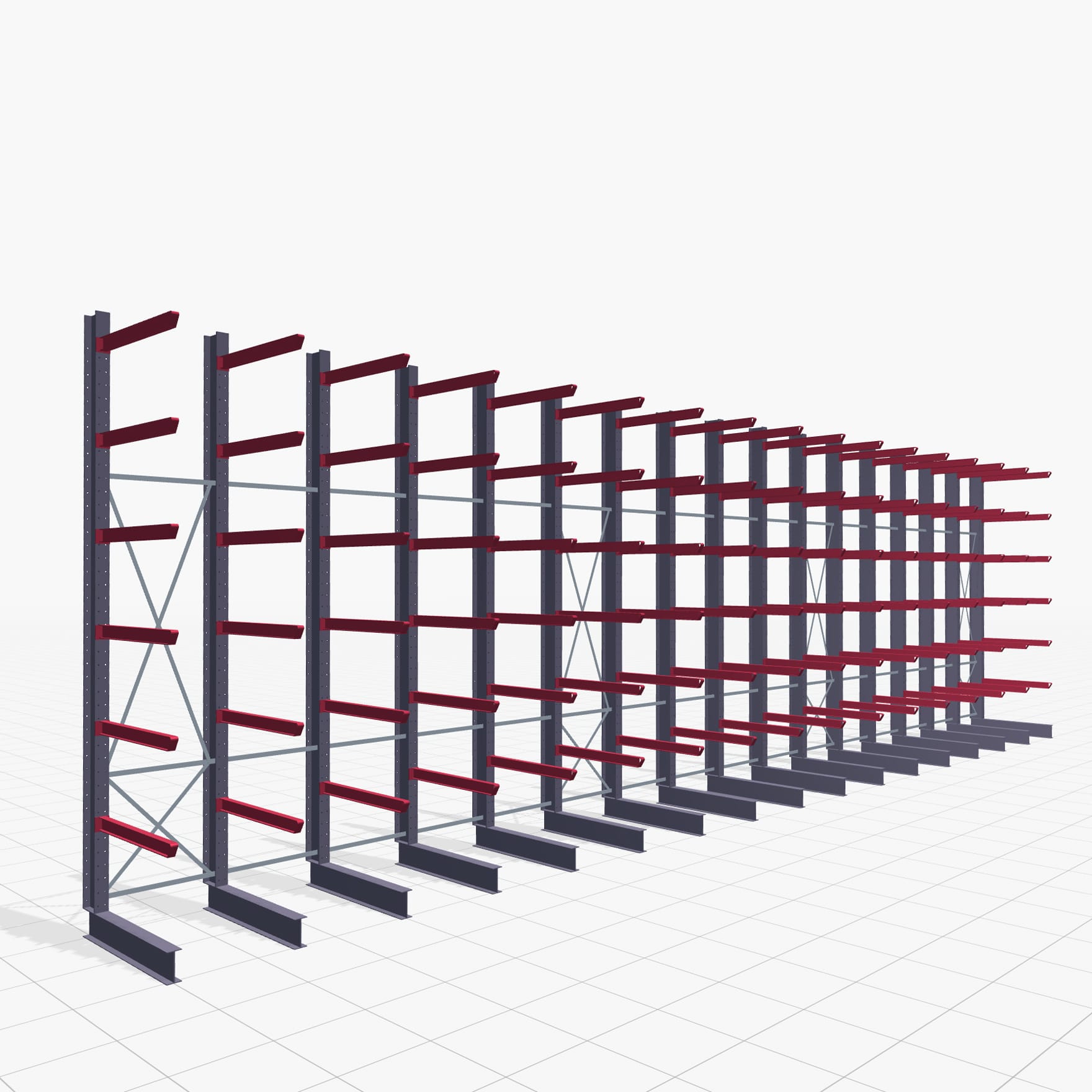 Kragarmregal Staplerbedient KSX 2000, H: 4.500 mm, B: 16100 mm, Armlänge: 1.200 mm, Einseitige Nutzung