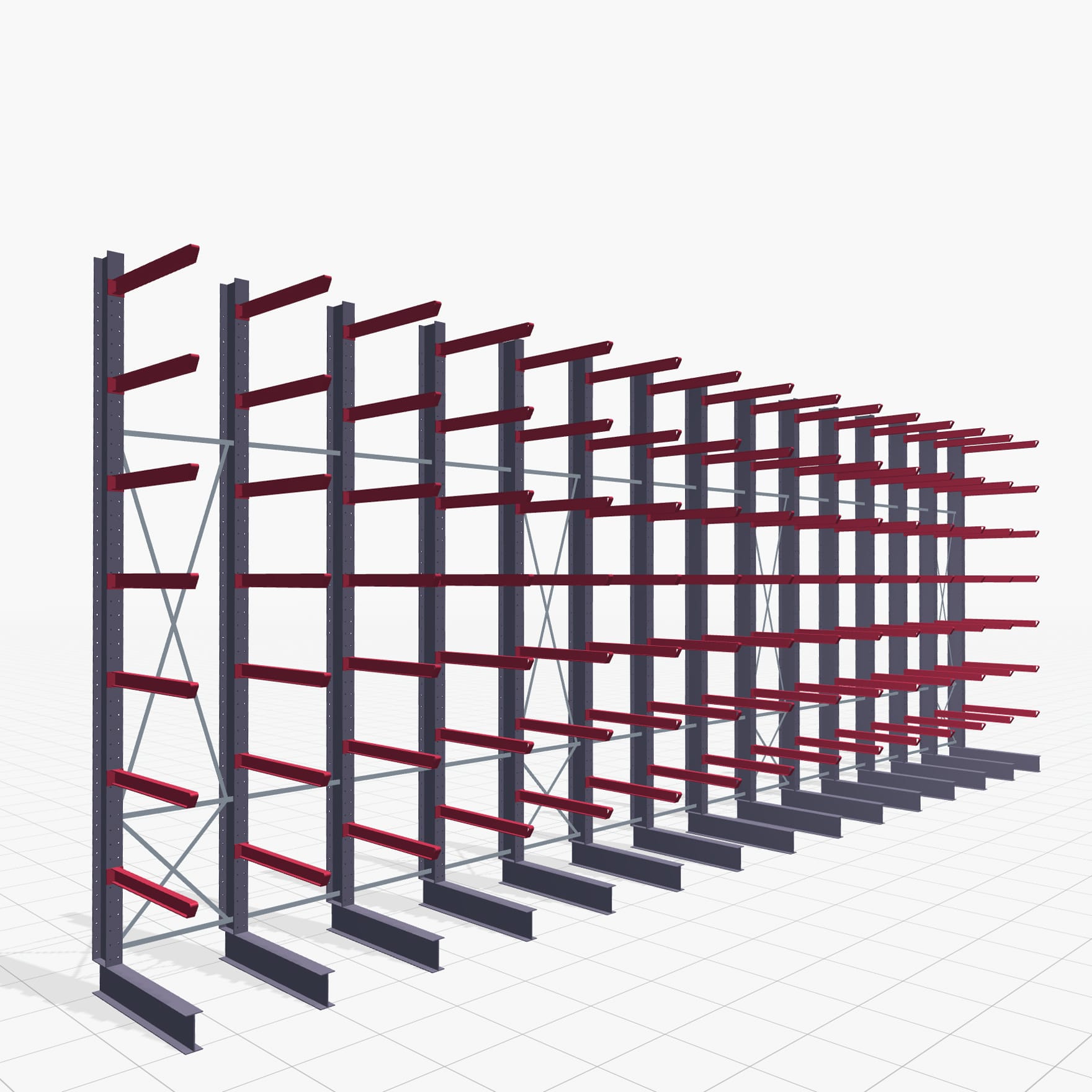Kragarmregal Staplerbedient KSX 2000, H: 5.000 mm, B: 14110 mm, Armlänge: 1.200 mm, Einseitige Nutzung